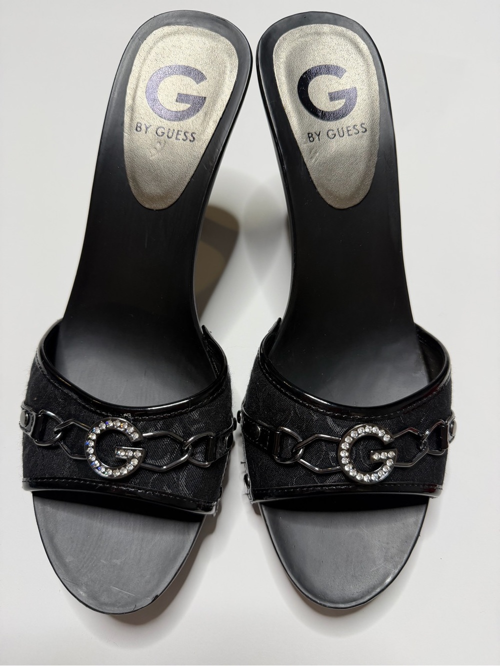 G by Guess Black Rhinestone G Chain Slide Sandals